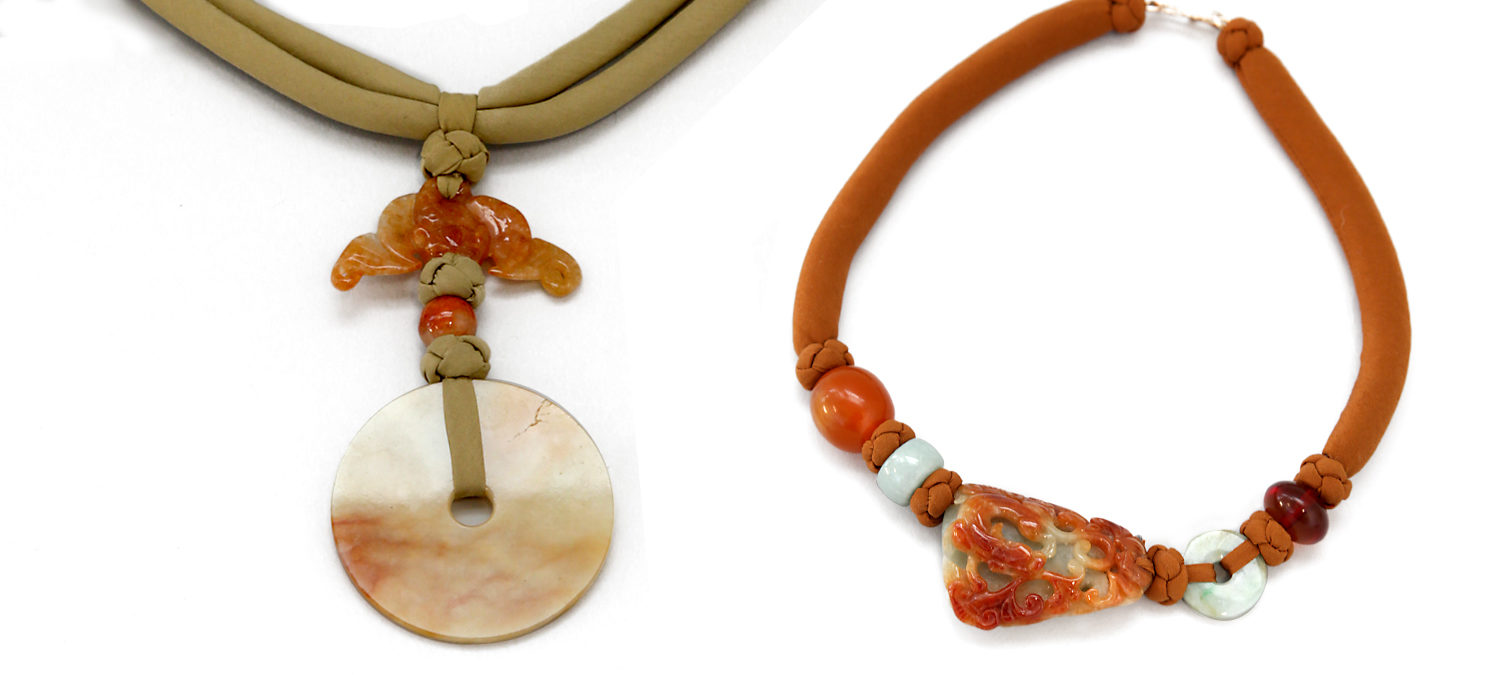 On the left, a jade pendant on a necklace. On the right, a bracelet with jade beads.