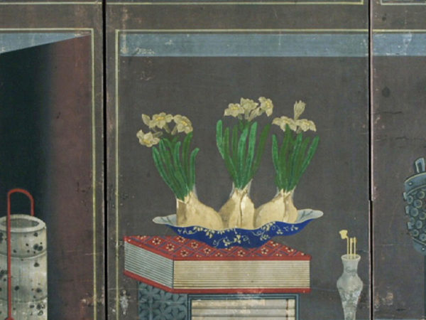Painting of plants and books on a bookshelf.